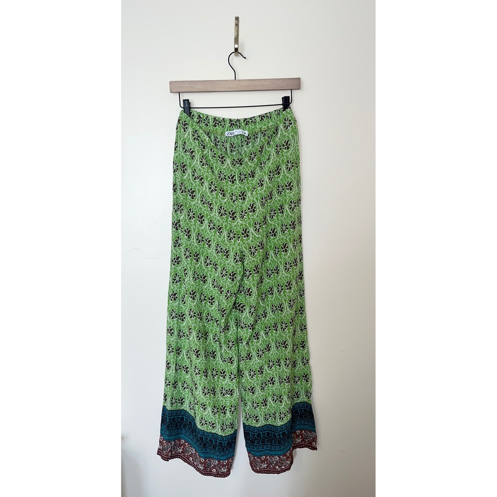 ZARA Green Floral Wide Leg Palazzo Pants Boho Border Print Elastic Waist | Med